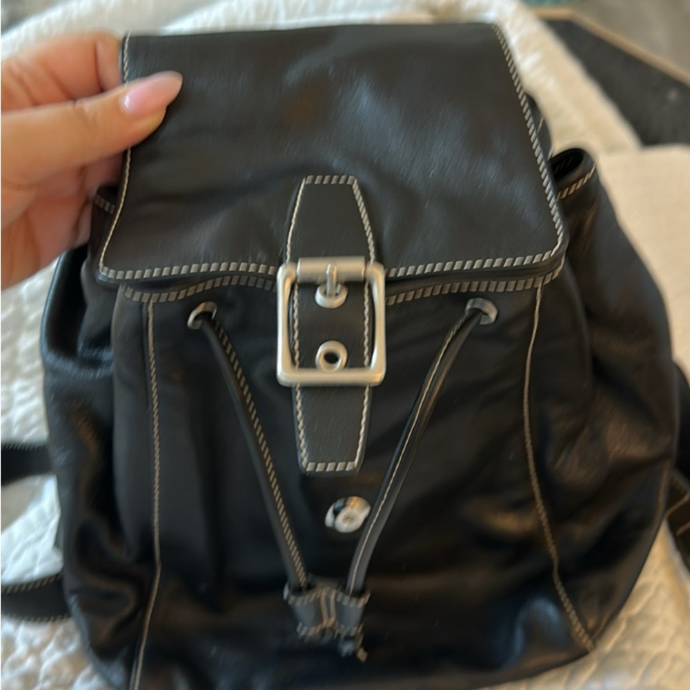 Coach Black Leather Drawstring Backpack with Buckle